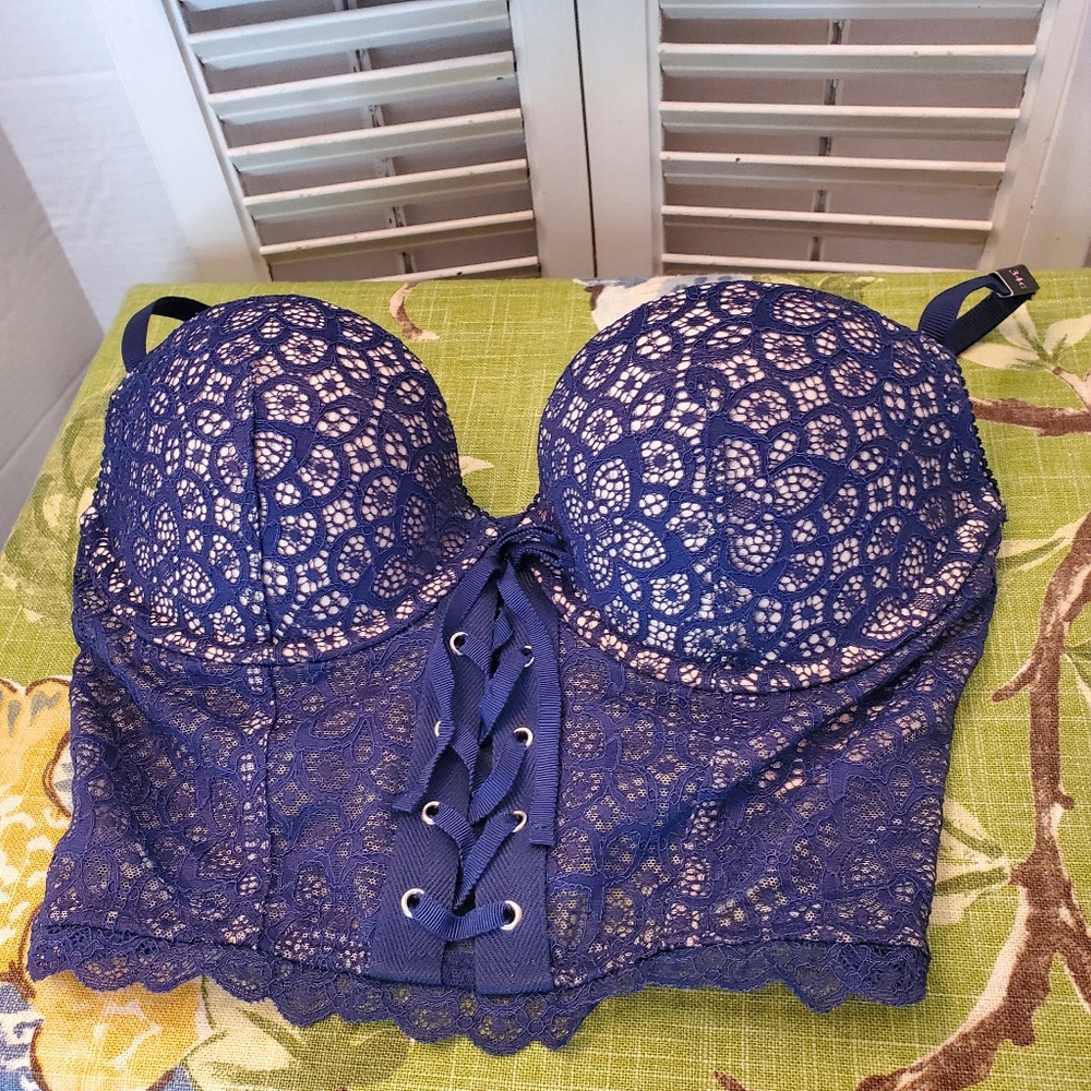 NWOT Victoria Secret Corset Blue Lace-Up Front Padded Demi Bra, Size 34C